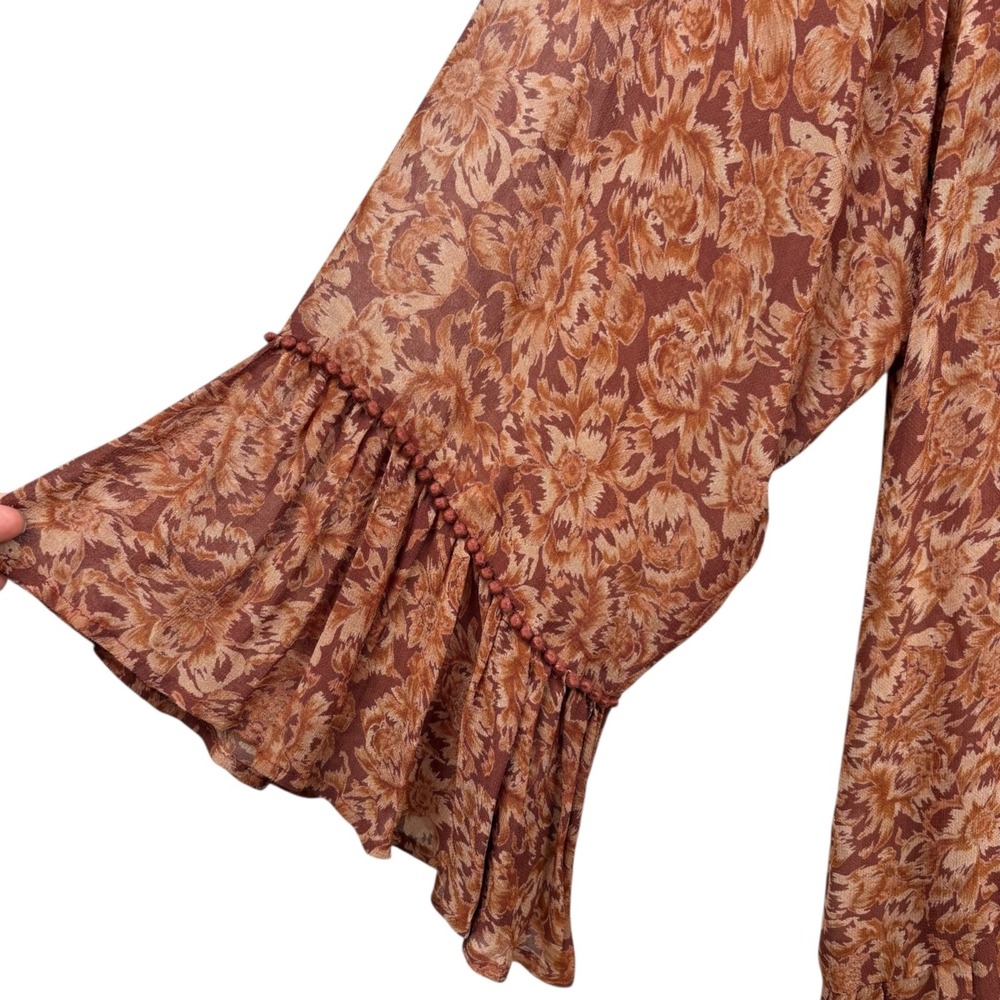 Chan Luu Boho‎ Floral Open Front Kimono Cardigan Ruffle Hem Brown Rust Sz Large - Picture 3 of 12
